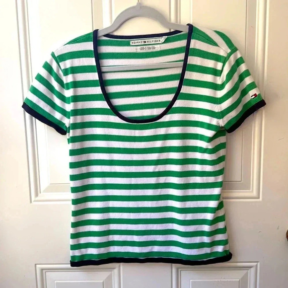 Tommy Hilfiger Vintage Women’s Tee Shirt Sz M Green and White Stripes - Picture 1 of 4